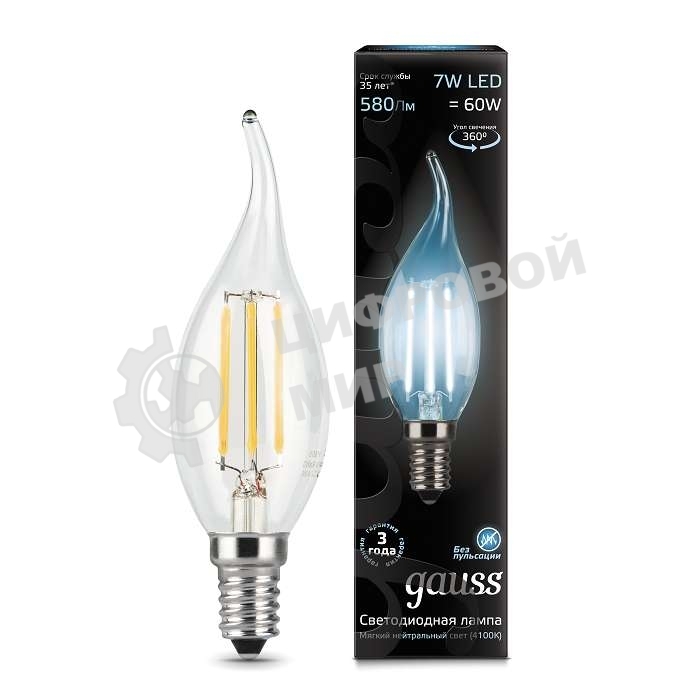 Лампа светодиодная Gauss LED Filament Свеча на ветру E14 7W 580lm 4100К 1/10/50