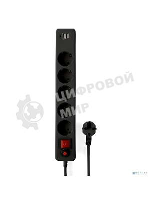 Сетевой фильтр Гарнизон 5 р, 10А, 2xUSB, 1.8 м, ур.защиты 4, черный, пакет