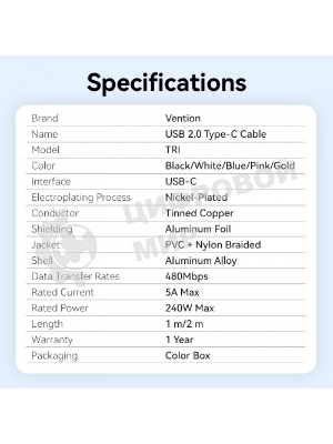 Кабель Vention USB 2.0 CM/CM - 2м. черный 5А PD240W, шт.