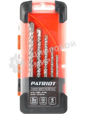 Набор сверл по бетону PATRIOT, 5 шт: 4x75 мм, 5x85мм, 6x100 мм, 8x120 мм, 10x120 мм, в боксе