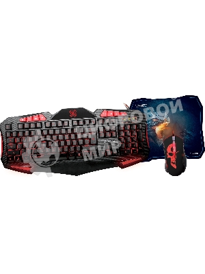 Игровой комплект Qumo Axe Strike, проводная, 104+8 клавиш, встроенные подсветки общая + кнопок 7 цветов, мышь проводная, оптическая, коврик
