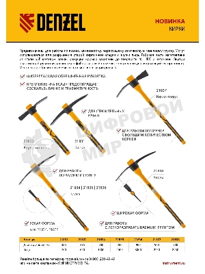 Кирка Denzel 1500 г, узкая, фиберглассовая обрезиненная рукоятка 900 мм