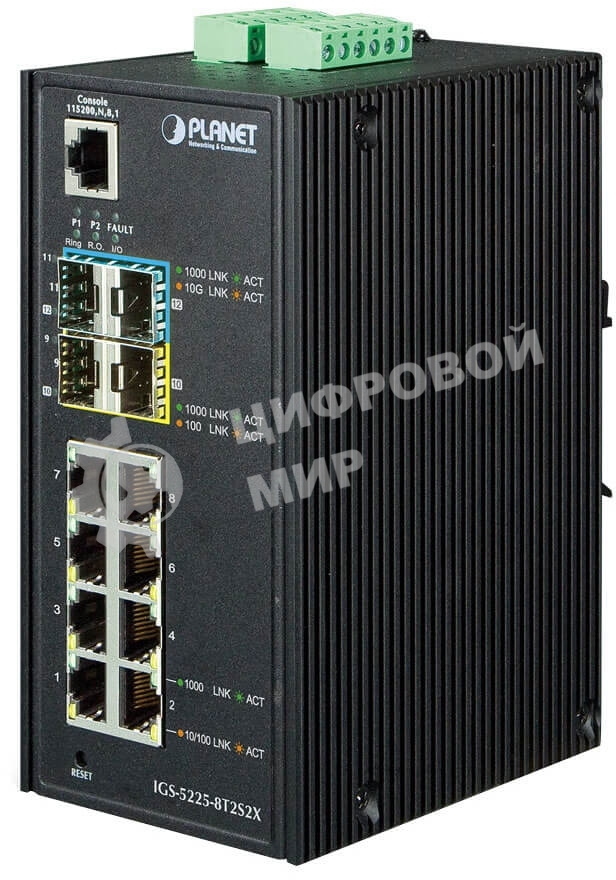 Коммутатор индустриальный PoE IGS-5225-8P4S для монтажа в DIN-рейку IP30 Industrial L2+/L4 8-Port 1000T 802.3at PoE+ 4-port 100/1000X SFP Full Managed Switch (-40 to 75 C, dual redundant power input on 48~56VDC terminal block, DIDO, ERPS Ring Supported, 1588)