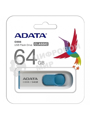 Флешка USB ADATA С008 (AC008-64G-RWE), 64Gb, USB 2.0, R/W 15/5, белый/синий
