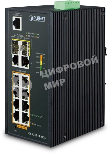 Коммутатор индустриальный PoE IGS-4215-8P2T2S для монтажа в DIN-рейку IP30 Industrial L2/L4 8-Port 10/100/1000T 802.3at PoE + 2-Port 10/100/100T + 2-Port 100/1000X SFP Managed Switch (-40~75 degrees C), dual redundant power input on 48~56VDC terminal block, SNMPv3, 802.1Q VLAN, IGMP Snooping, SSL, SSH, ACL