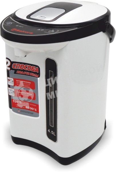 Термопот Sakura SA-314WB Мощность 750Вт. Объем 4,5л. Тип управления: кнопочный. 2 способа подачи воды. Материал колбы и корпуса - нерж. сталь. С функцией кипячения и поддержания температуры на уровне 85-90°С. Двойная защита от перегрева и включения без воды. Цвет черный/белый.