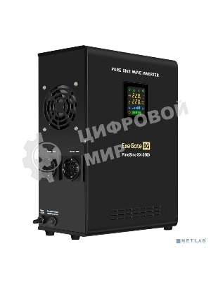 Источник бесперебойного питания (инвертор, синус, для котла, настенный) ExeGate FineSine SX-2500.LCD.AVR.2SH 2500VA/1800W, чистая синусоида, цветной LCD-дисплей, AVR, 2*Schuko, линейно-интерактивный, внешняя батарея 24В до 200А·ч (поставляется отдельно), крепление настенное/универсальное, черный