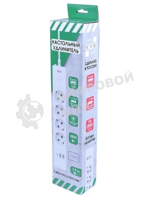 Бытовой удлинитель PowerCube, 4 р с/з вык., 3USB, 3500 Вт, 16А, 1.9 м, 3x1,0 (белый) PC-6-2M