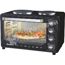 Мини-печь Sakura SA-7001HBK 35л, 3200Вт, духовка 1600Вт, конфорки 185мм+155мм (1000Вт+600Вт), механ.управление, 3 режима работы духовки (верх, низ, верх+низ), раздельная регулировка температуры духовки и конфорок, комплектация - металлическая решетка, противень и ухват. чёрны