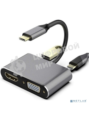USB-концентратор USB3.1 TypeCm -->HDMI+USB3.0+PD+VGA Alum Grey 4K@30Hz, Telecom TUC055