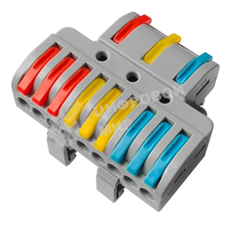 Клемма СМК Rexant 3х3D проходная разветвительная 3 полюса на DIN-рейку (0,08-4 мм²) (1 ввод, 3 вывода на полюс) серый (15 шт/уп)