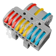 Клемма СМК Rexant 3х3D проходная разветвительная 3 полюса на DIN-рейку (0,08-4 мм²) (1 ввод, 3 вывода на полюс) серый (15 шт/уп)