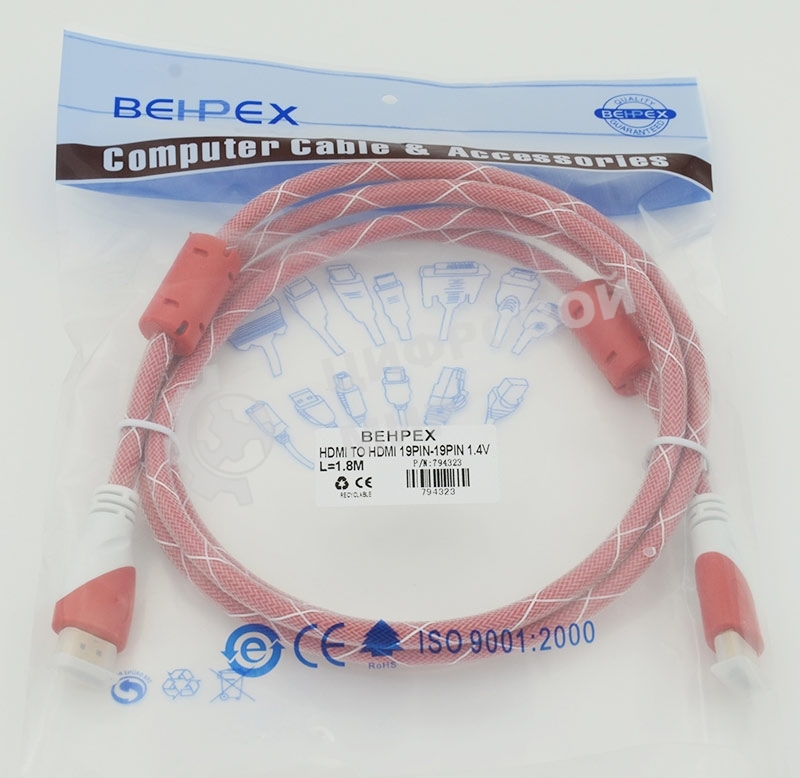 Кабель HDMI Ver.1.4 Red jack HDMI19 (m)/HDMI19 (m) 1.8м феррит.кольца позолоченные контакты