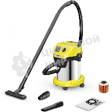 Строительный пылесос Karcher WD 3 P S V-17/4/20 желтый, 1000 Вт, уборка сухая/сбор воды, пылесборник мешок/контейнер, 17 л