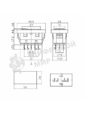 Выключатель (стеклоподъемника) Rexant клавишный 12V 20А (6с) (ON)-OFF-(ON) черный с подсветкой и проводом
