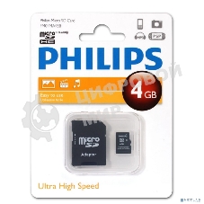 Флеш карта microSD 4Gb PHILIPS microSDHC Class 10 (SD адаптер)