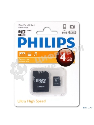 Флеш карта microSD 4Gb PHILIPS microSDHC Class 10 (SD адаптер)