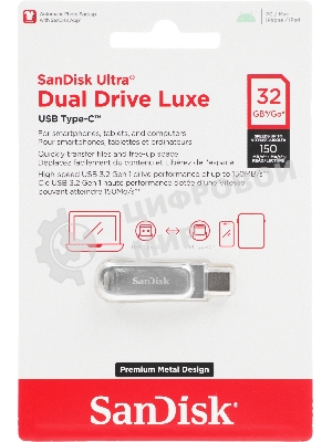 Флешка USB Sandisk Ultra Dual Luxe (SDDDC4-032G-G46), 32Gb, USB 3.2 Gen 1/Type-C, R/W 150/40, серебристый