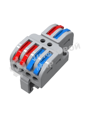 Клемма СМК Rexant 2х2D проходная разветвительная 2 полюса на DIN-рейку (0,08-4 мм²) (1 ввод, 2 вывода на полюс) серый (25 шт/уп)