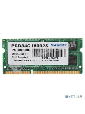 Оперативная память Patriot, DDR3, 4GB, (1x4 GB,), 1600 MHz, CL11, SO-DIMM