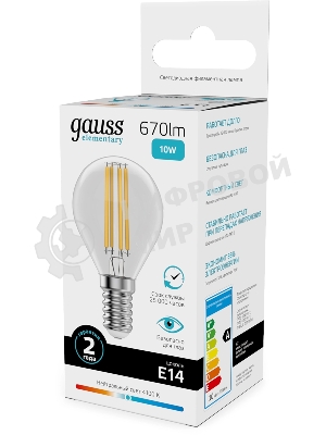 Лампа светодиодная филаментная Gauss Filament 10Вт цок.: E14 шар св. свеч. бел. нейт. (упак.: 10 шт)
