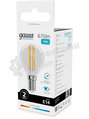 Лампа светодиодная филаментная Gauss Filament 10Вт цок.: E14 шар св. свеч. бел. нейт. (упак.: 10 шт)