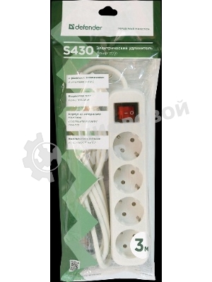 Удлинитель сетевой Defender S430 белый, 3 м, EURO, 4 розетки, 2200 Вт