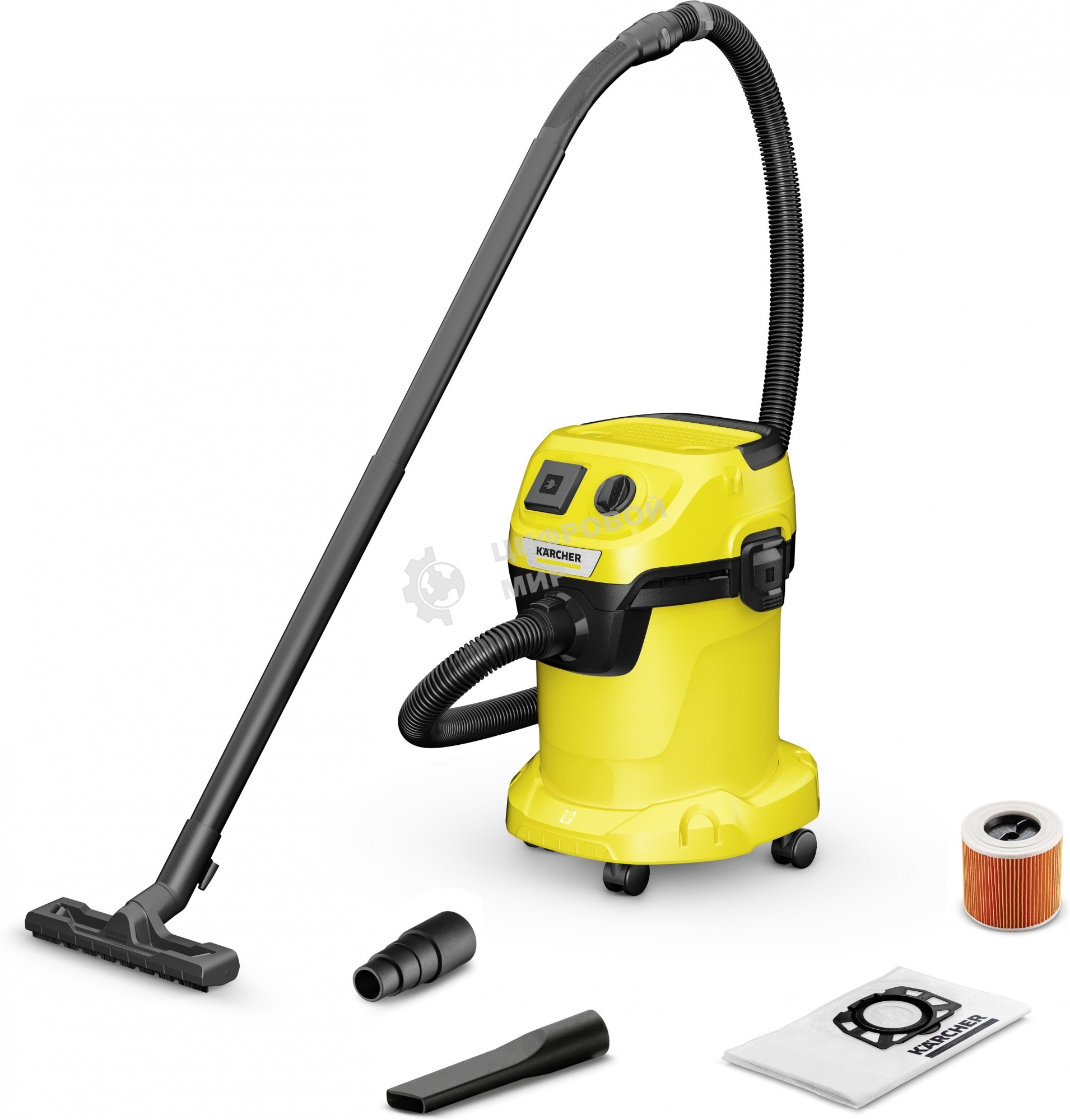 Строительный пылесос Karcher WD 3 P V-17/4/20 желтый, 1000 Вт, уборка сухая/сбор воды, пылесборник мешок/контейнер, 17 л