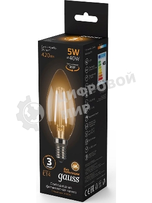 Лампа светодиодная филаментная Gauss 5Вт цок.: E14 свеча 220B 2700K св. свеч. бел.теп. C37 (упак.: 10 шт) (103801105)