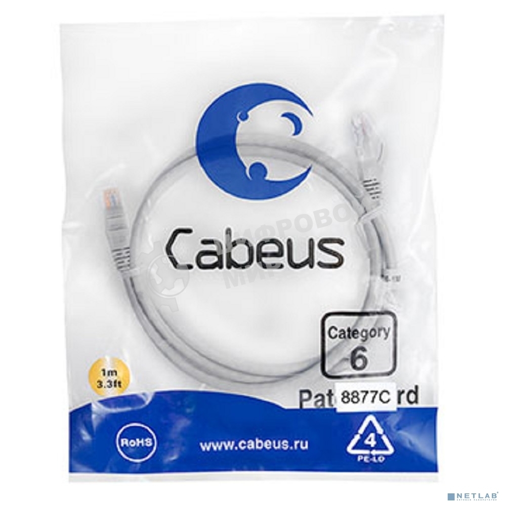 Патч-корд Cabeus, cat.6, неэкр., U/UTP, RJ45/RJ45, LSZH, AWG24, 1м, серый