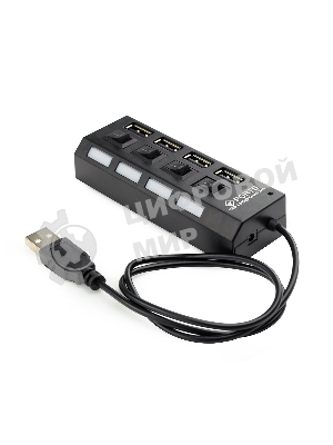 Разветвитель USB2.0 Gembird 4xUSB, блок питания 2А, подсветка и выкл, кабель USB 55 см, черный