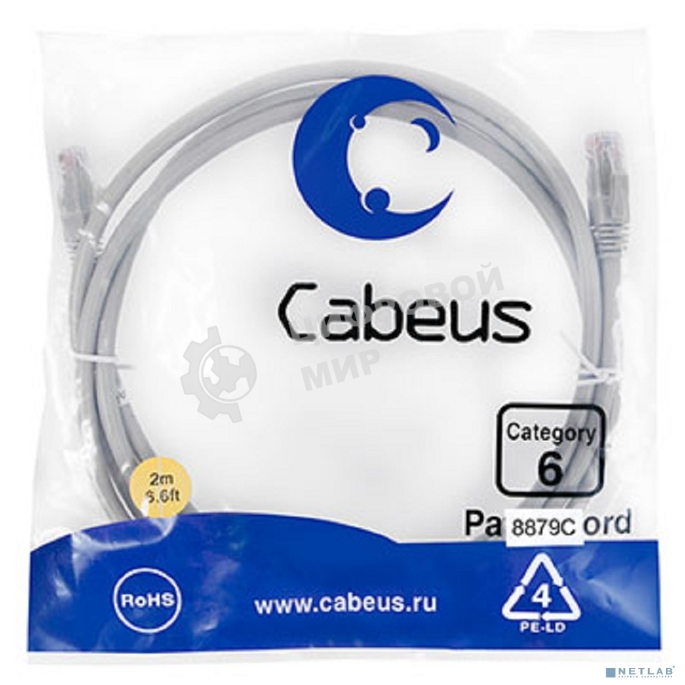 Шнур комм. Cabeus, cat.6, неэкр., U/UTP, RJ45/RJ45, 250 МГц, LSZH, AWG24, 2м, серый