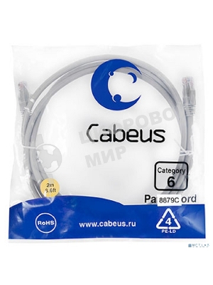 Шнур комм. Cabeus, cat.6, неэкр., U/UTP, RJ45/RJ45, 250 МГц, LSZH, AWG24, 2м, серый
