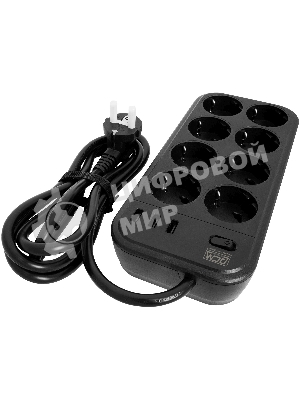 Сетевой фильтр Powercom SP-08 USB03AB 1,8 m 1.8м, 8 розеток, черный, коробка