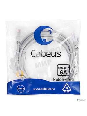 Шнур коммутационный Cabeus, cat.6a, неэкр., U/UTP, RJ45/RJ45, LSZH, AWG24, 5м, серый
