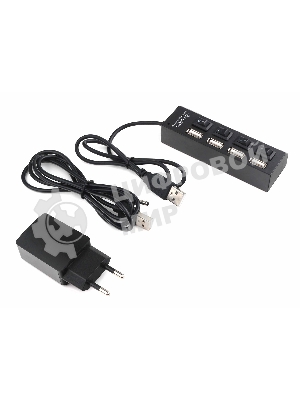 Разветвитель USB2.0 Gembird 4xUSB, блок питания 2А, подсветка и выкл, кабель USB 55 см, черный