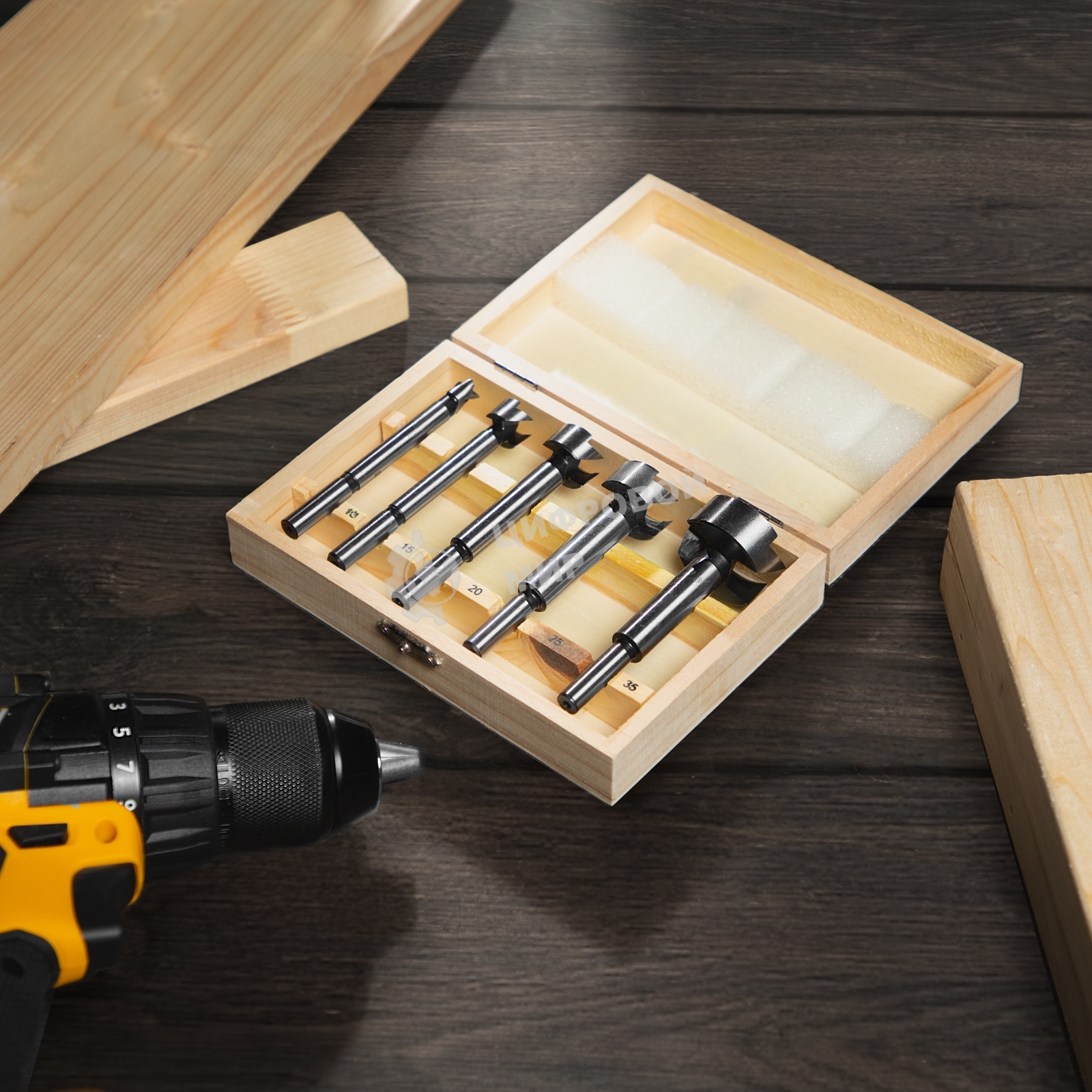 Набор сверл Форстнера по дереву Sparta 10-15-20-25-35 мм, 5 шт, в дерев. боксе, цилин. хвостовик