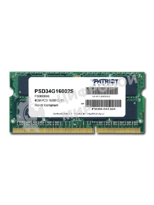 Оперативная память Patriot, DDR3, 4GB, (1x4 GB,), 1600 MHz, CL11, SO-DIMM