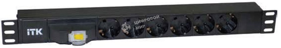 Блок ITK PDU 6 розеток DIN49440 (нем. cтанд.), с автоматом на 10А,1U, без шнура, вх. IEC320 C14, алюминиевый профиль, черный