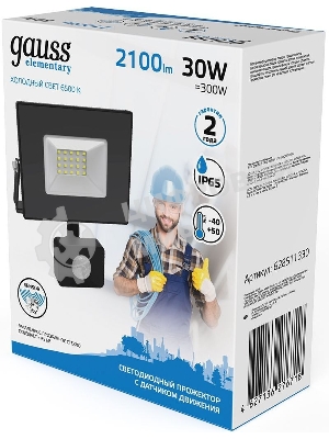 Прожектор светодиодный Gauss Elementary LED 30W 2100lm IP65 6500К с датчиком движения