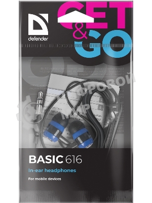 Наушники проводные Defender Basic 616 черный/синий, внутриканальные, Jack 3.5 мм