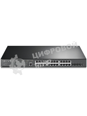 Коммутатор TP-Link 24-port Gigabit Managed PoE switch with 4 10G SFP+ ports, support 802.3af/at PoE, 1 console port, 19-inch rack mount, support L2/L2+ features.