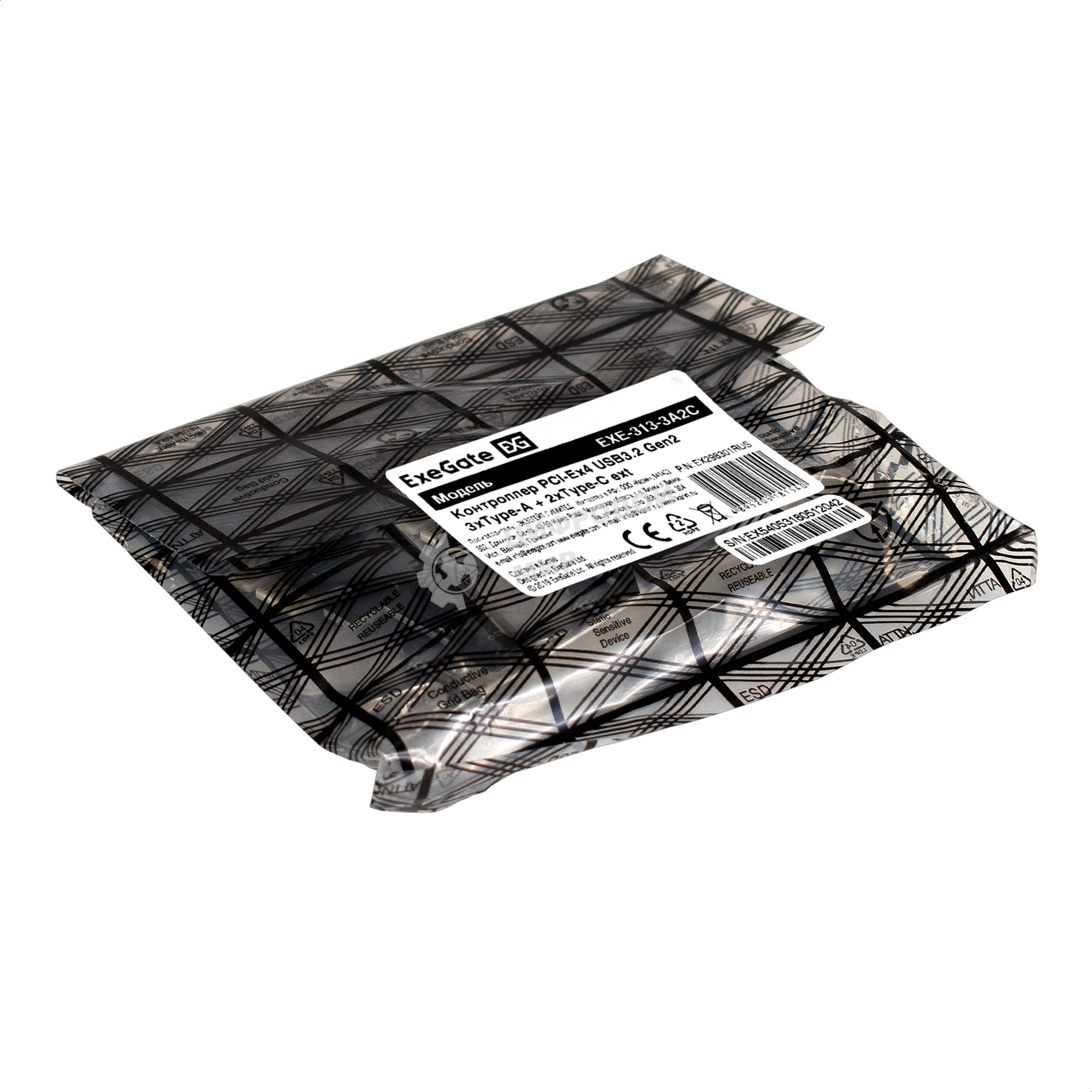 Контроллер ExeGate EXE-313-3A2C (PCI-E x4 v3.0, USB3.2 Gen2 3xType-A + 2xType-C ext., SuperSpeed+ скорость до 10 Gbит/с, разъем доп.питания, ASMedia Chipset ASM3142)
