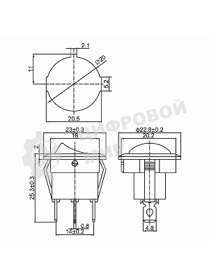Выключатель клавишный Rexant круглый 250V 6А (3с) ON-OFF синий с подсветкой