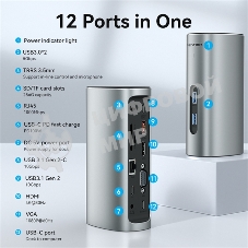 USB-концентратор Vention USB-C to HDMI/VGA/USB 3.1 Gen 2/USB 3.1 Gen 2-C/USB 3.0x2/RJ45/SD/TF/TRRS 3.5мм/PD/DC Docking Station Gray Vertical Aluminum Alloy Type EU Standard
