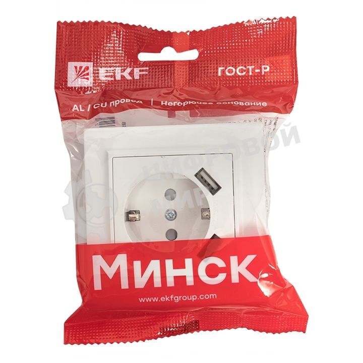 Розетка 1-местная СП с/з 16А белая с защ. штор. с 2 USB 2,1А EKF Минск