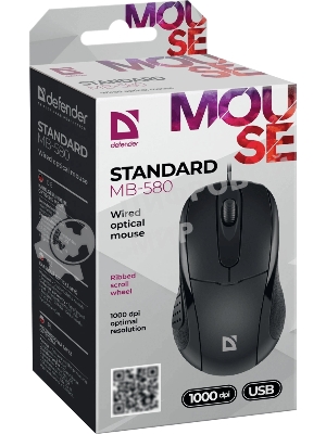 Мышь проводная Defender Standard MB-580 черный, 1000 dpi, USB, кнопки - 3