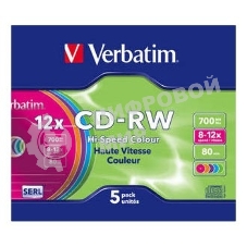 Диск CD-RW Verbatim 700Mb 12x Slim case (5шт) Color (43167)