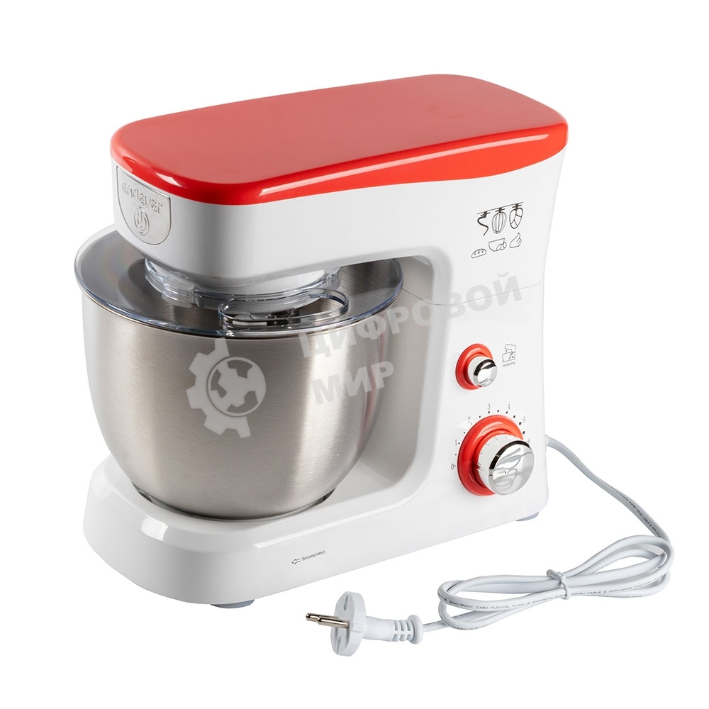 Миксер стационарный Endever Sigma-25, 1000 Вт., планетарный, многофункциональный, стальная чаша 3,5 л., регулировка скорости, белый/красный