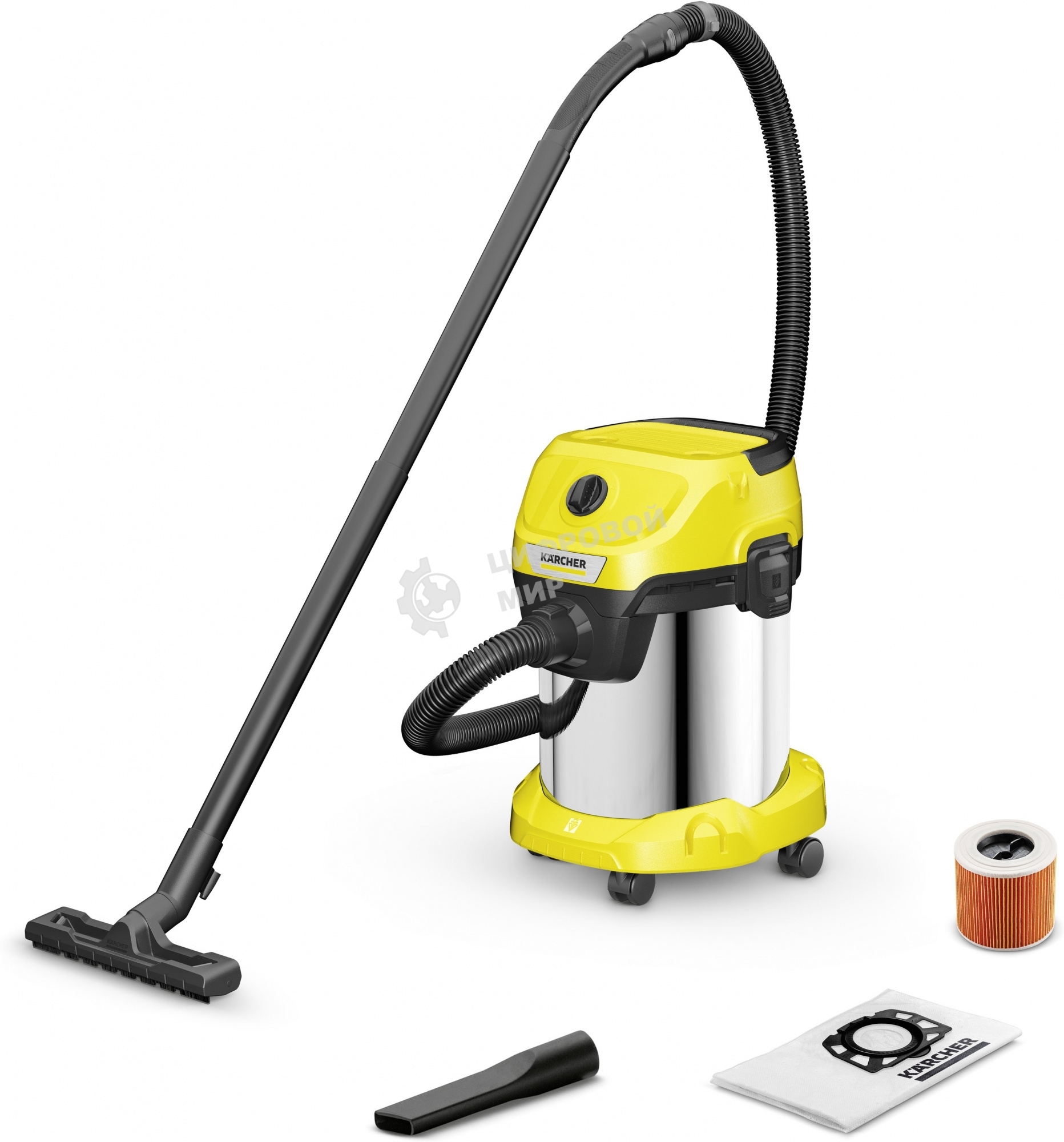 Строительный пылесос Karcher WD 3 S V-17/4/20 желтый, 1000 Вт, уборка сухая/сбор воды, пылесборник мешок/контейнер, 17 л